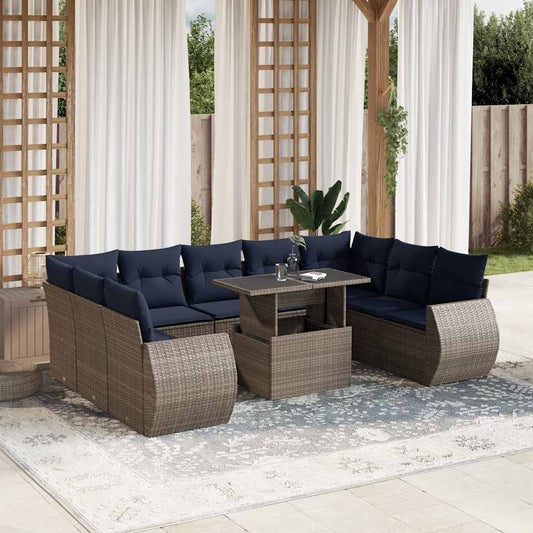 10-teiliges Gartensofa-Set mit Kissen, grau, Polyrattan