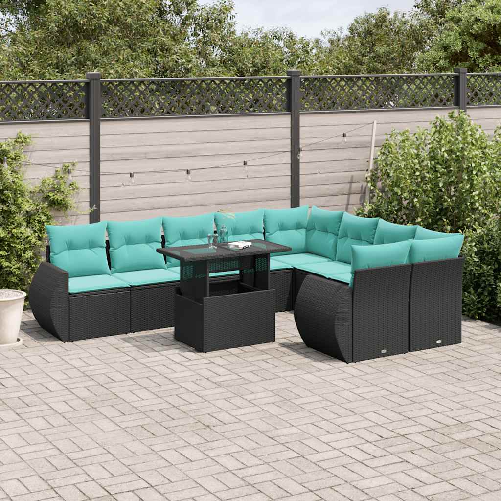 10-teiliges Gartensofa-Set mit Kissen, schwarzes Polyrattan