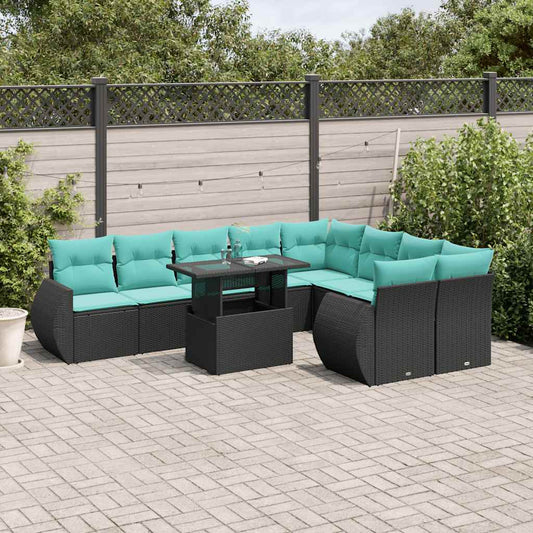 10-teiliges Gartensofa-Set mit Kissen, schwarzes Polyrattan