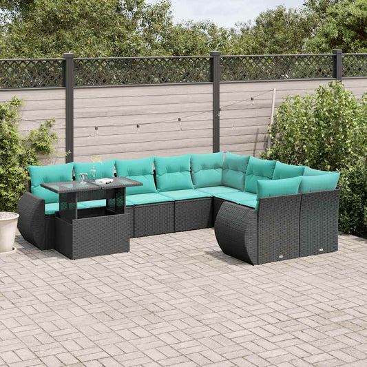 10-teiliges Gartensofa-Set mit Kissen, schwarzes Polyrattan