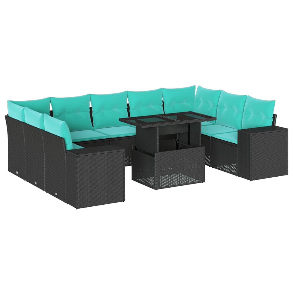 10-teiliges Gartensofa-Set mit Kissen, schwarzes Polyrattan
