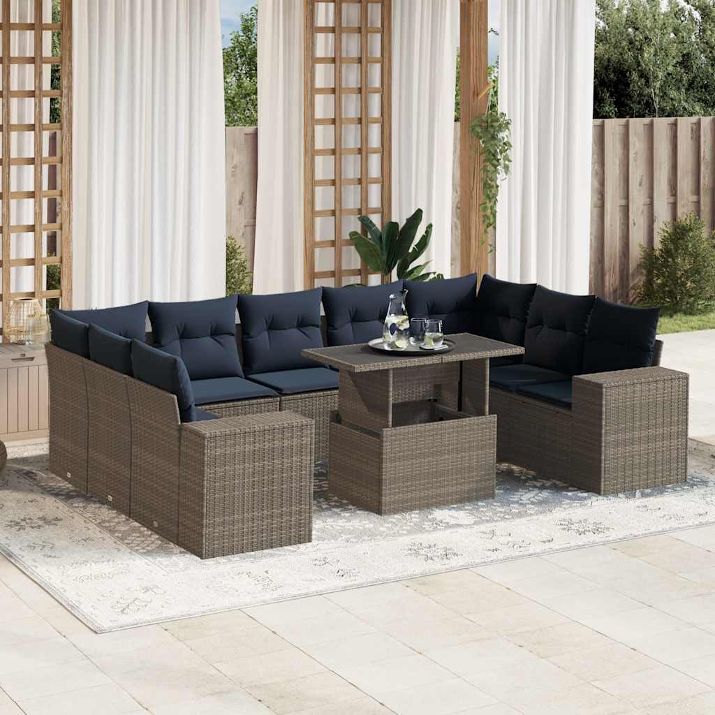 10-teiliges Gartensofa-Set mit Kissen, grau, Polyrattan