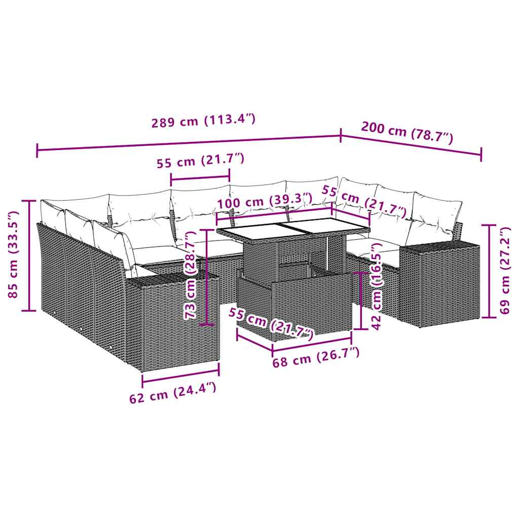 10-teiliges Gartensofa-Set mit Kissen, braun, Polyrattan