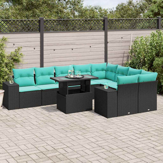 10-teiliges Gartensofa-Set mit Kissen, schwarzes Polyrattan
