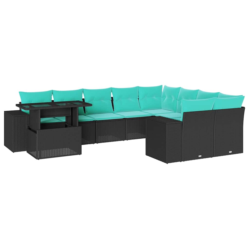 10-teiliges Gartensofa-Set mit Kissen, schwarzes Polyrattan