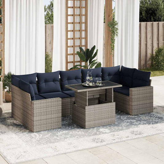 8-tlg. Garten-Sofagarnitur mit Kissen Grau Poly Rattan Akazie