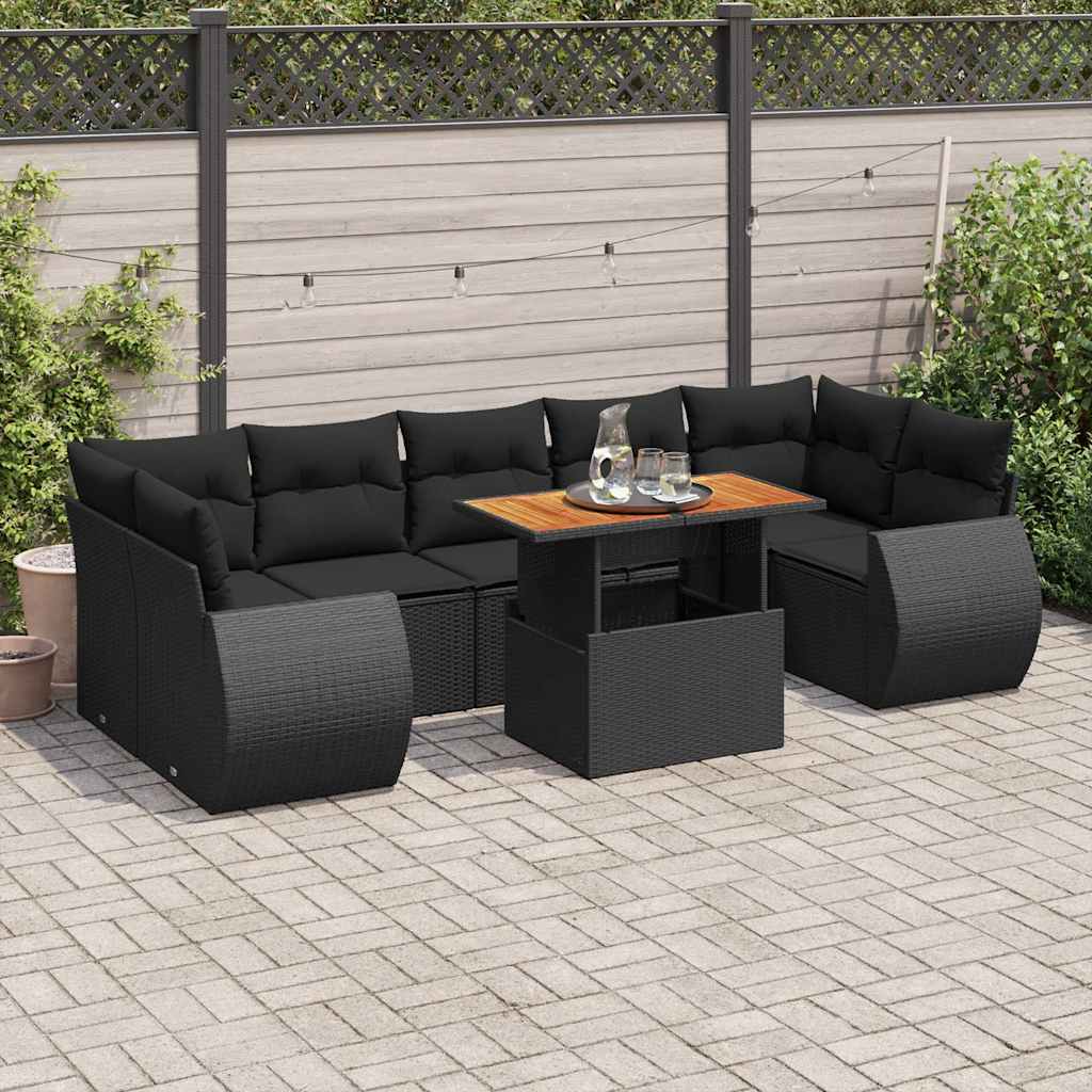 8-tlg. Garten-Sofagarnitur mit Kissen Schwarz Poly Rattan
