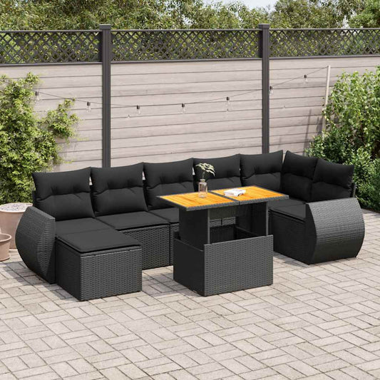 8-tlg. Garten-Sofagarnitur mit Kissen Schwarz Poly Rattan