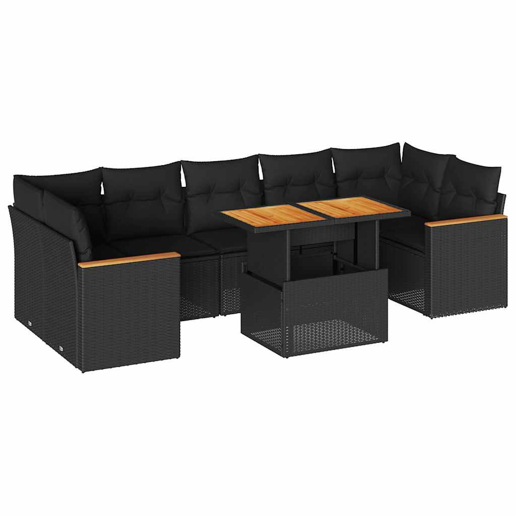 8-tlg. Garten-Sofagarnitur mit Kissen Schwarz Poly Rattan