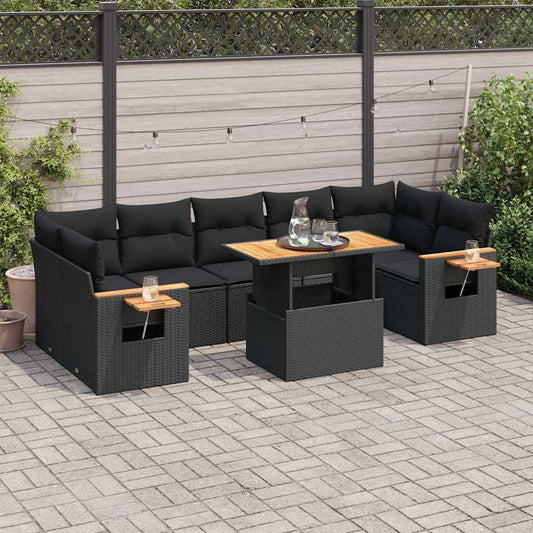 8-tlg. Garten-Sofagarnitur mit Kissen Schwarz Poly Rattan