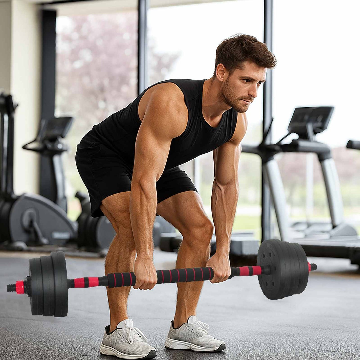 2-in-1 Kurzhantel Langhantel Set 30kg Schwarz und Rot