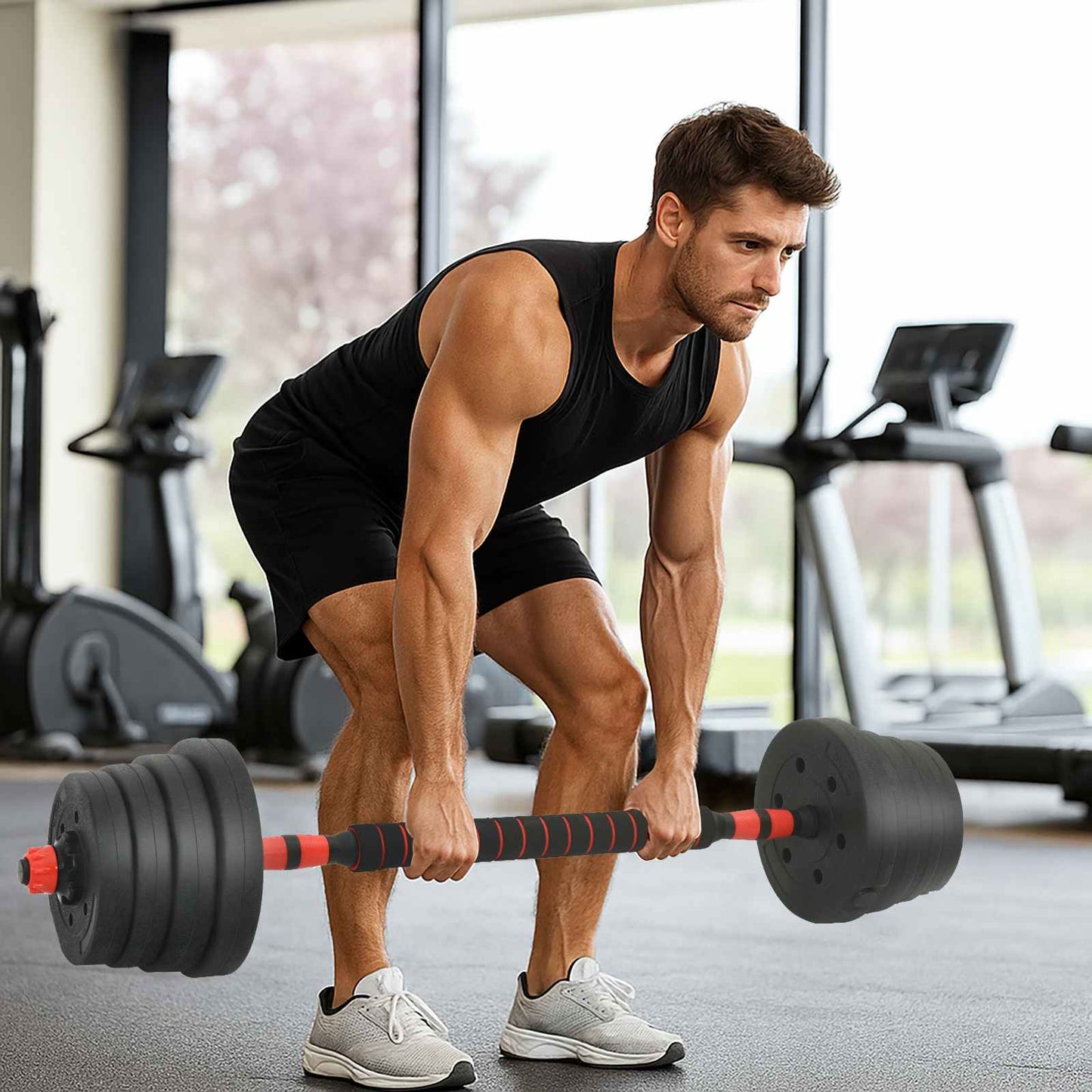 2-in-1 Kurzhantel Langhantel Set 30kg Schwarz und Rot